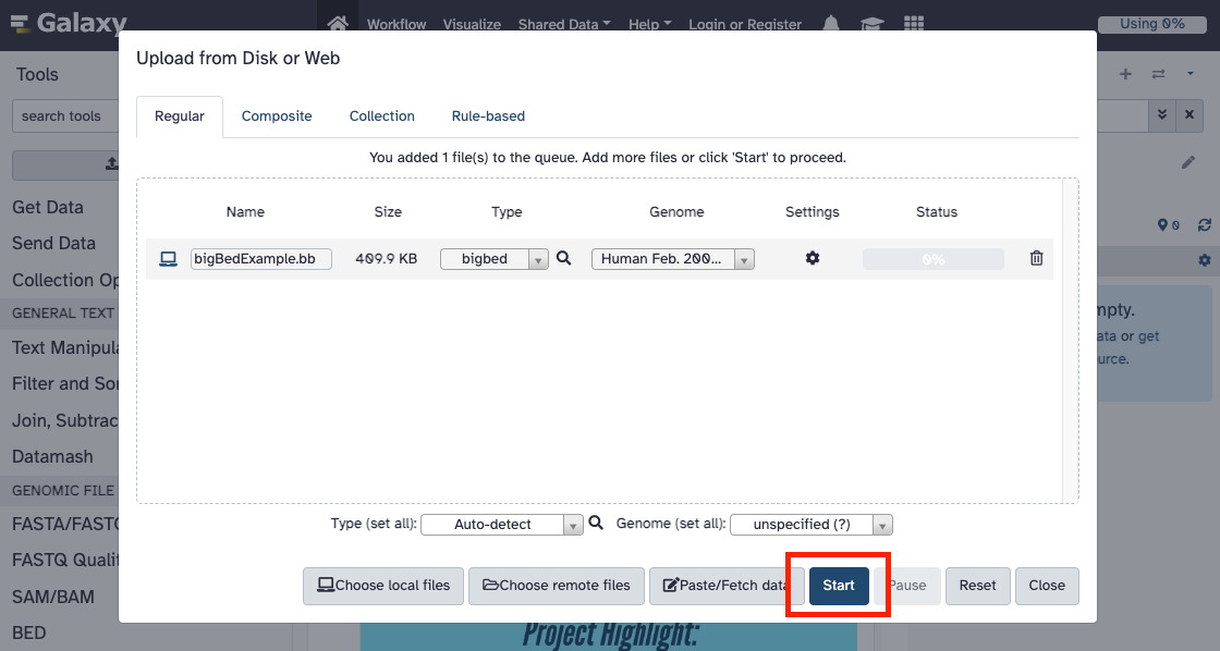 Galaxy interface showing file upload progress status