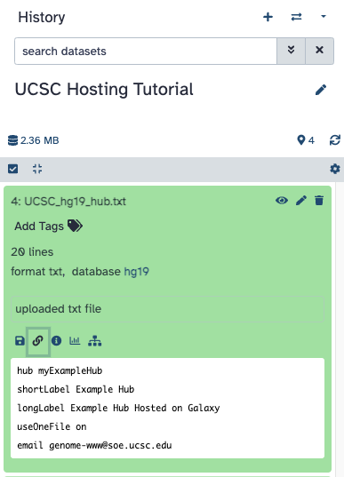 Galaxy interface showing the hub URL for connecting to UCSC Genome Browser
