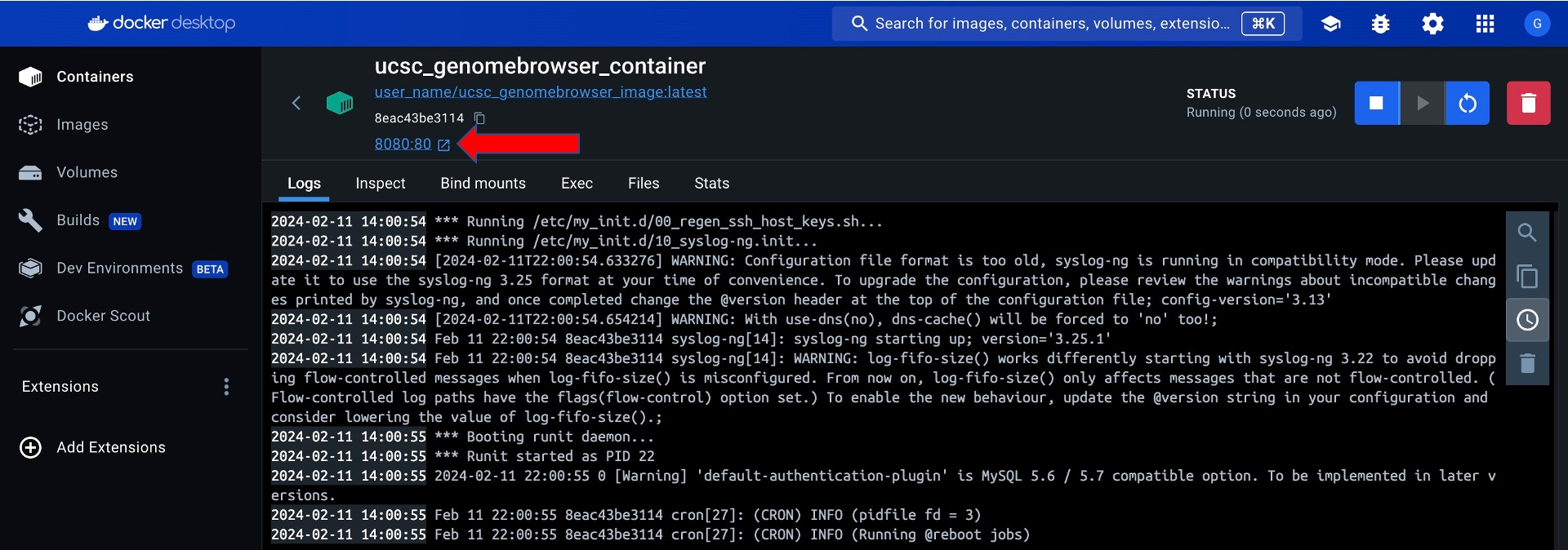 Docker container logs showing the running Genome Browser with a clickable port link