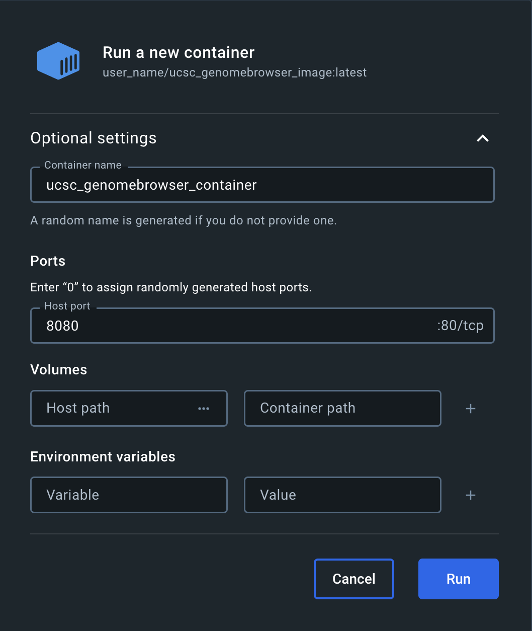 Docker container settings panel with container name and host port fields