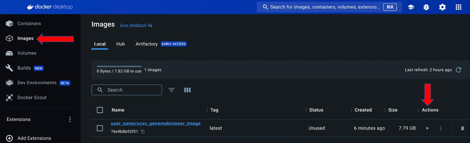 Docker Desktop Images tab showing the Genome Browser mirror container image