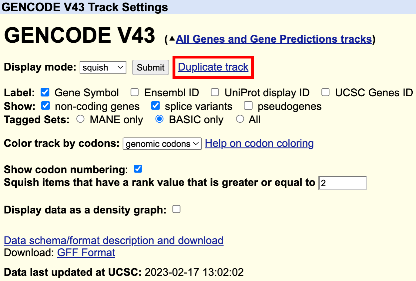 Track settings for a duplicated GENCODE V43 track with independent configuration