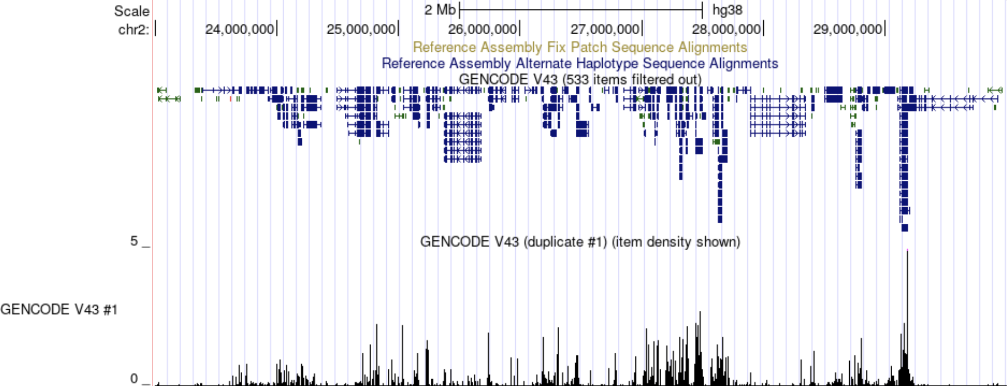 Browser view showing two copies of the GENCODE V43 track with different display settings