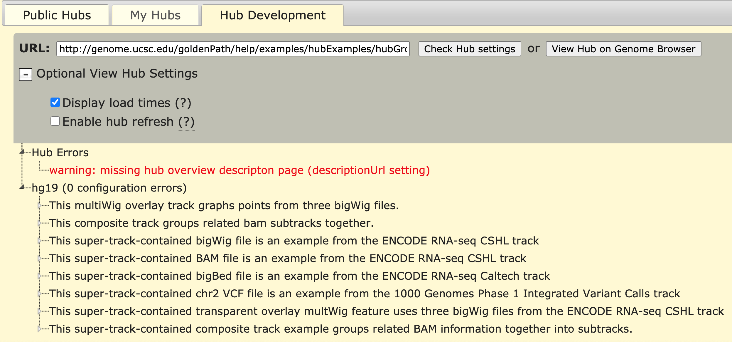 The Hub Development tool checks config setting