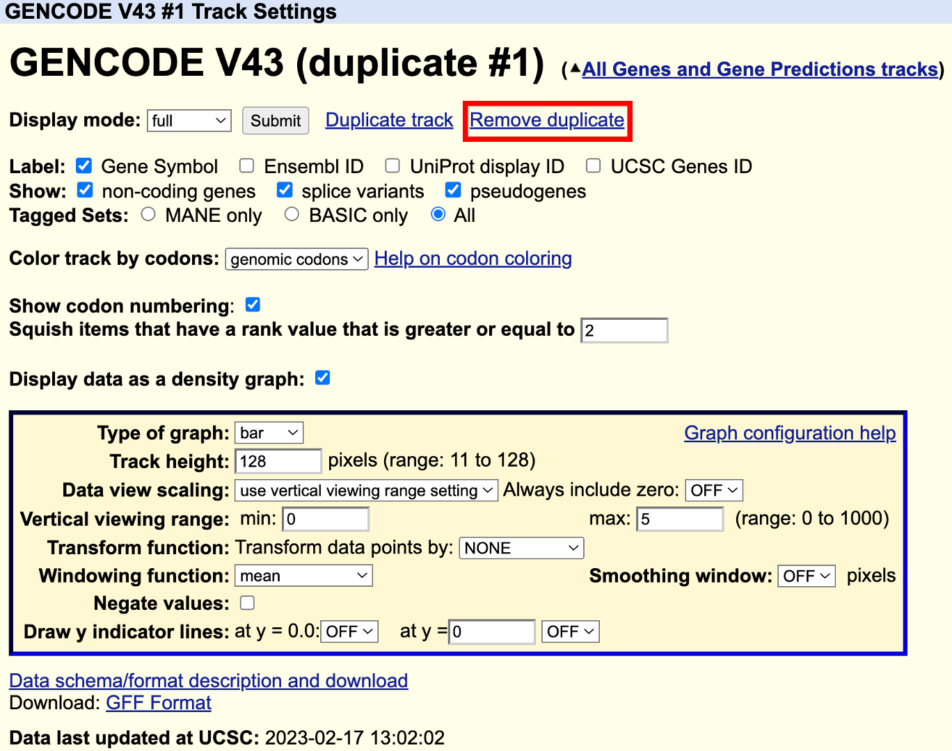 Track settings showing the option to remove a duplicated GENCODE V43 track